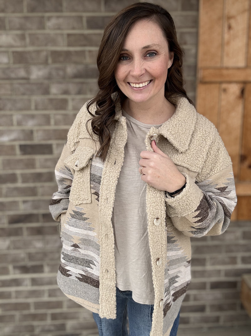 8487- Mocha Aztec Sherpa Shacket