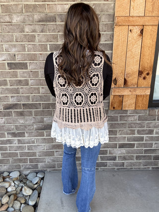Mocha Crochet Floral Vest w/ Lace Ruffle Base