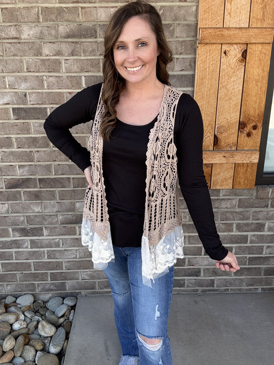 Mocha Crochet Floral Vest w/ Lace Ruffle Base