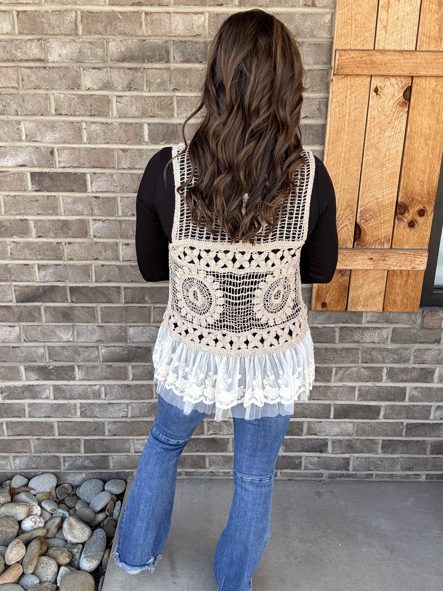 Mocha Crochet Vest w/ Pearl Detail