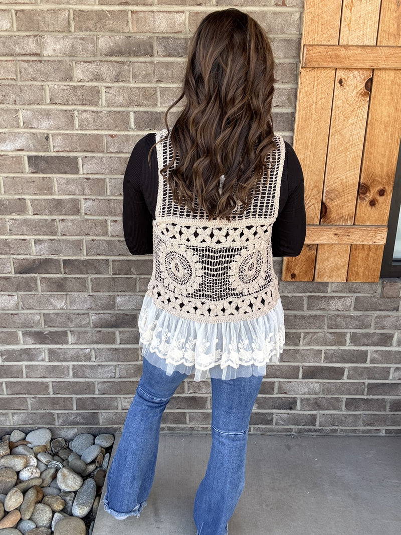 Mocha Crochet Vest w/ Pearl Detail