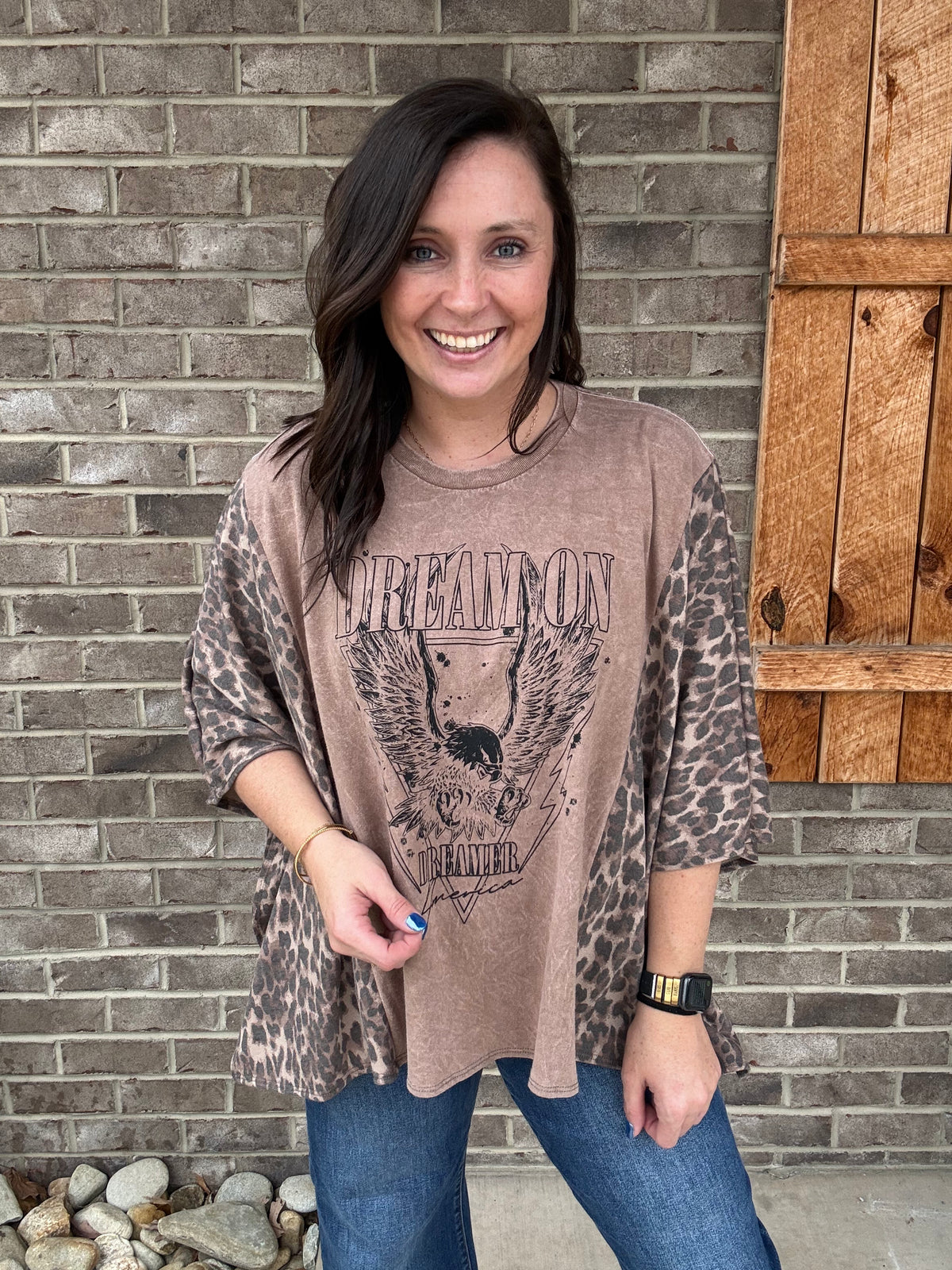 Mocha Dream On Poncho Top with Leopard Detail by J. Her