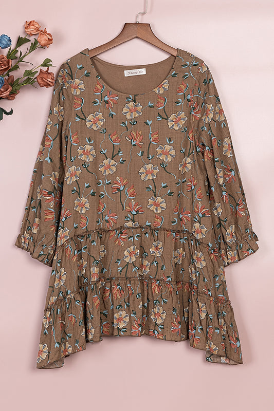 Mocha Floral Print Ruffle Accent Tunic