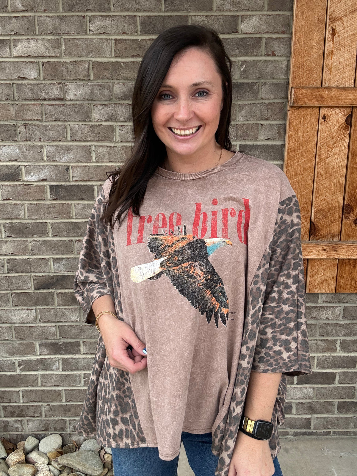 Mocha Free Bird Poncho Top with Leopard Detail by J. Her