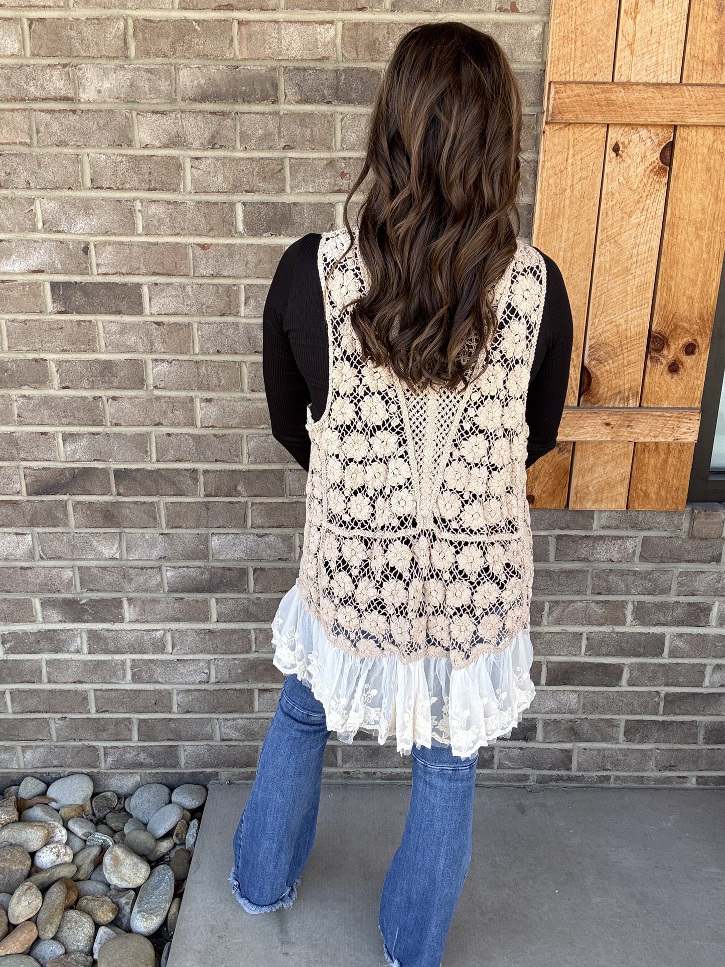 Mocha Mid Hip Length Crochet Vest w/ Lace Base Detail