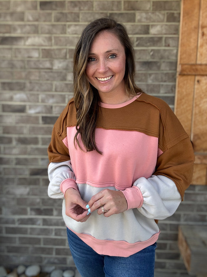 Mocha and Blush Color Block Fleece Pullover by Easel