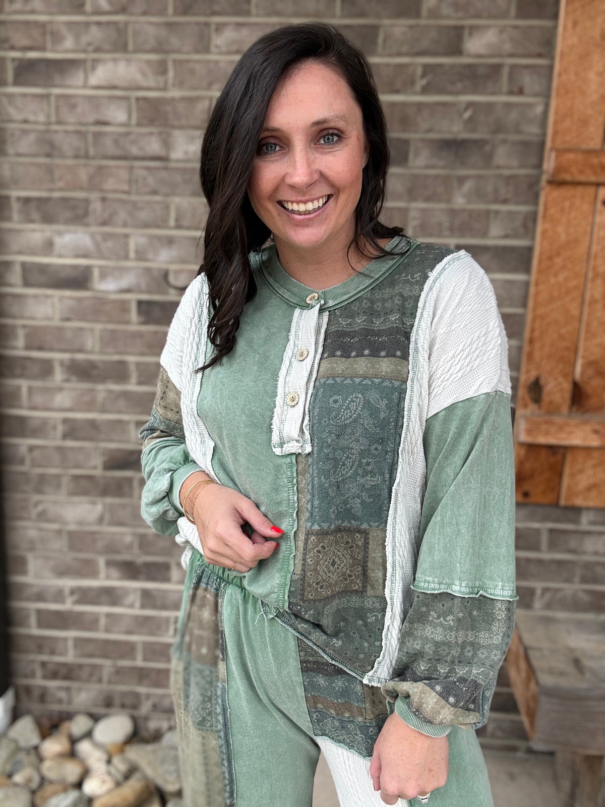 Moss Green Mineral Wash Bandana Patchwork Long Sleeve Top by J. Her