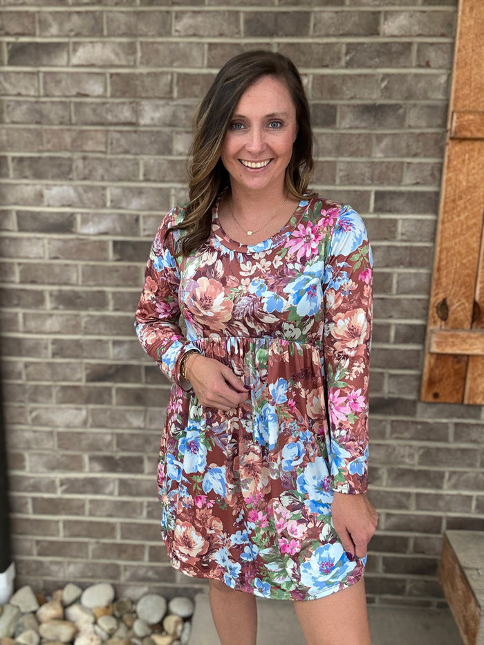 Multi Color Floral Print Round Neck Babydoll Dress by Haptics