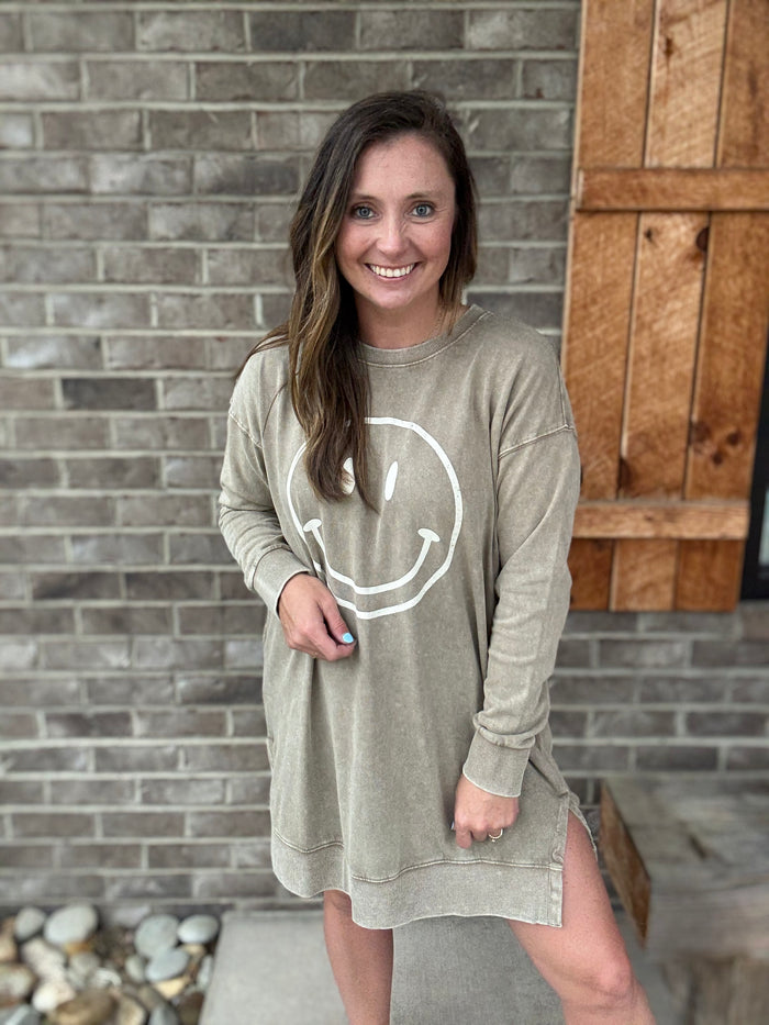 Mushroom Smiley Face Washed Terry Pullover Dress
