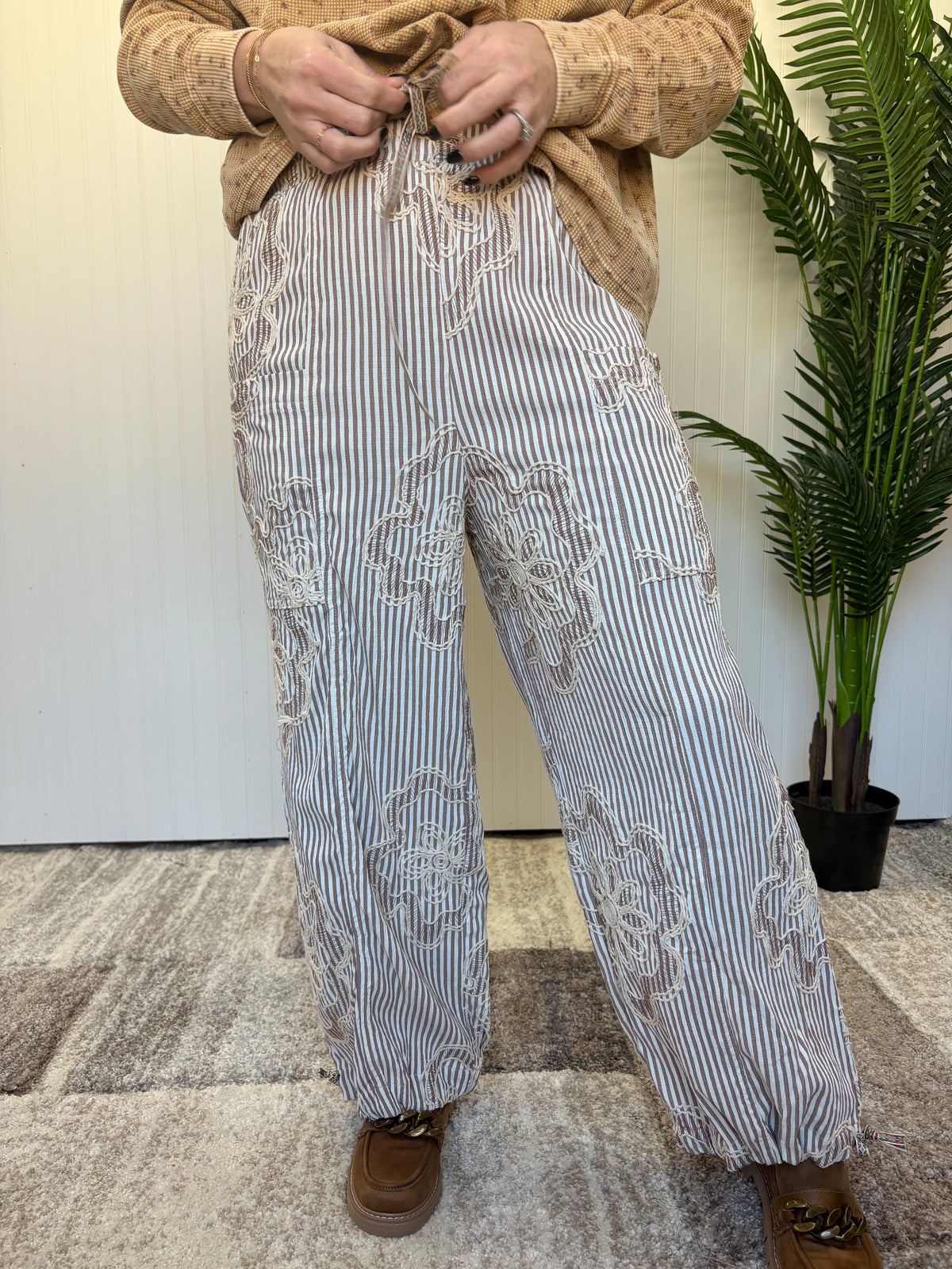 Mocha Embroidered Stripe Woven Pants by Easel