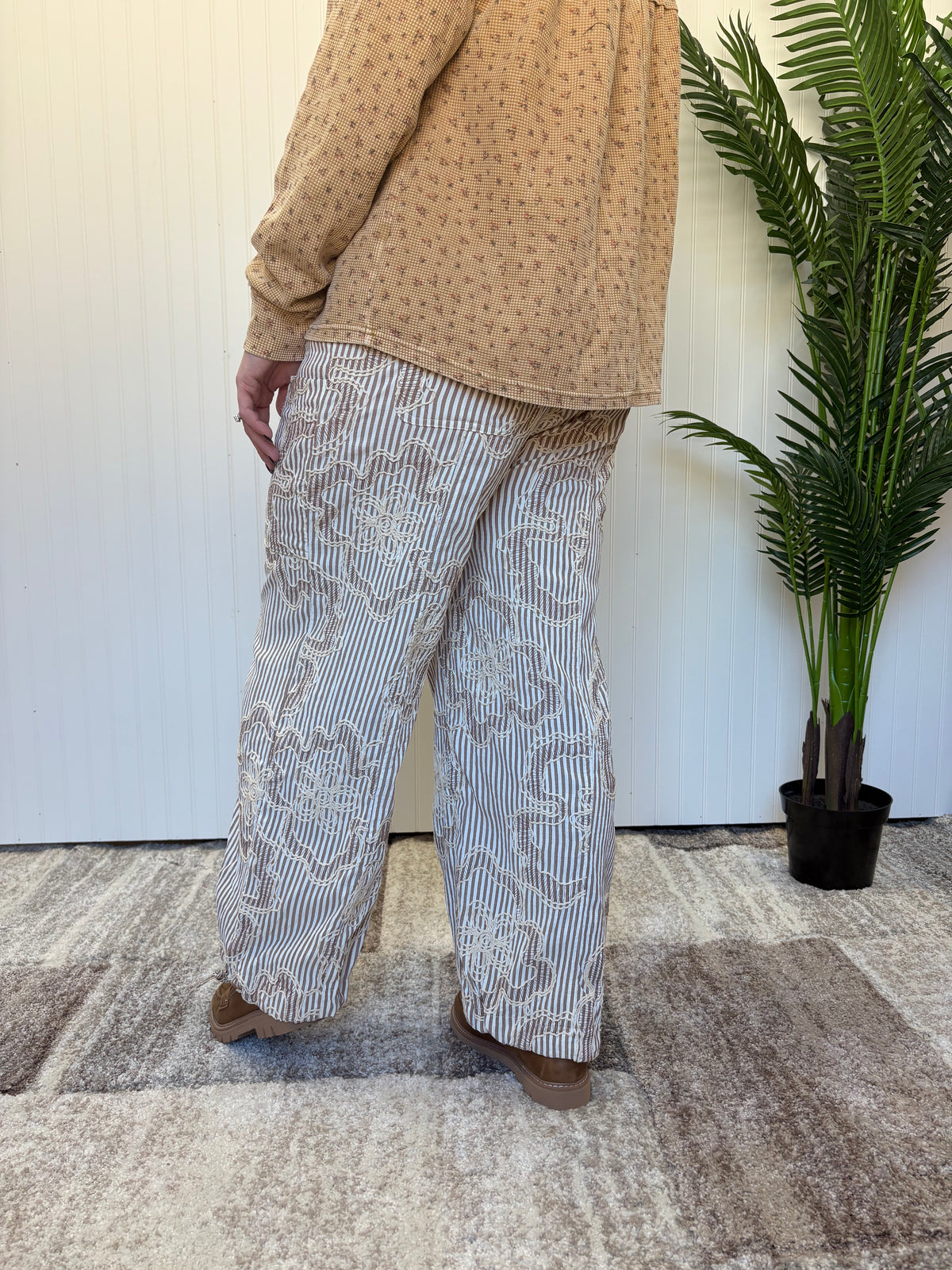 Mocha Embroidered Stripe Woven Pants by Easel