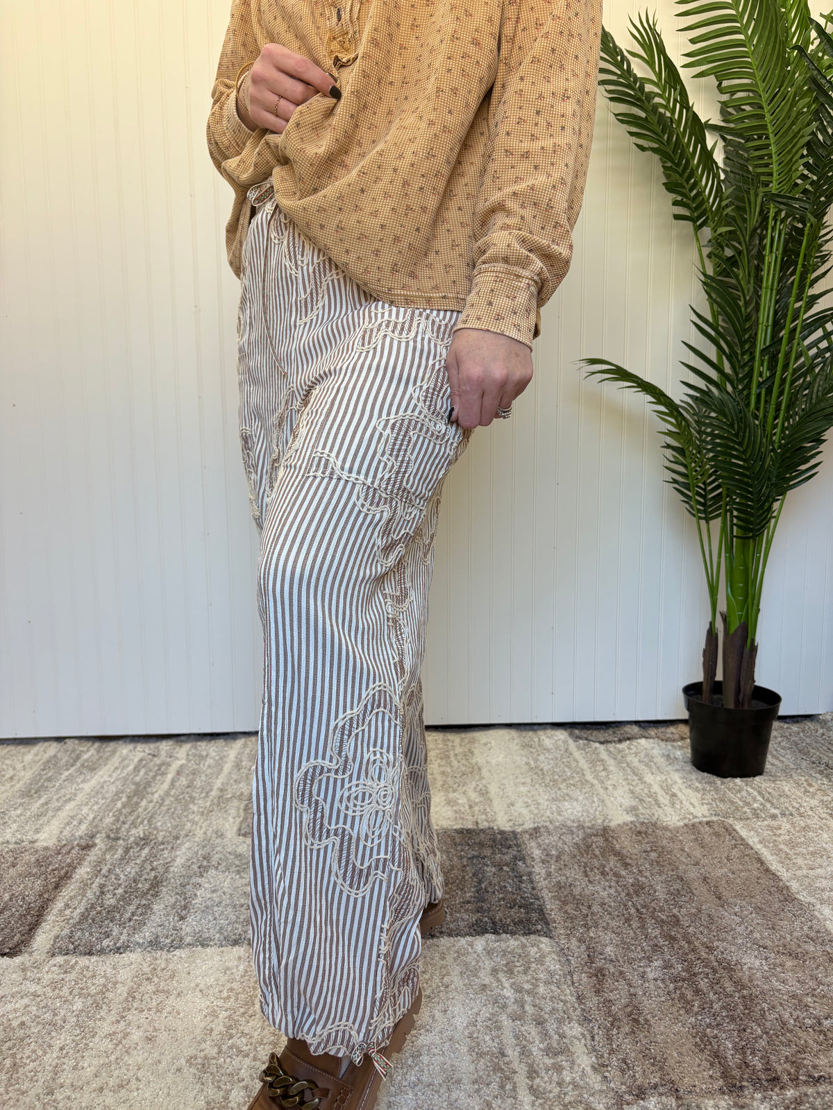 Mocha Embroidered Stripe Woven Pants by Easel