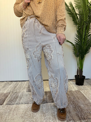 Mocha Embroidered Stripe Woven Pants by Easel