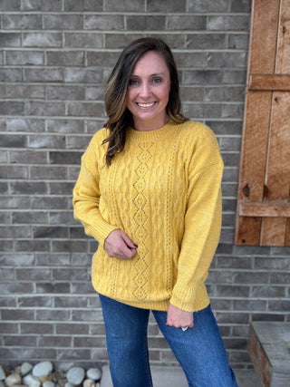 Mustard Cable Knit Crewneck Pullover Sweater by Umgee