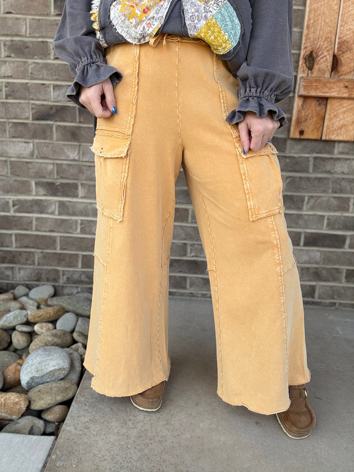 Mustard French Terry Pull On Cargo Pants by by Easel