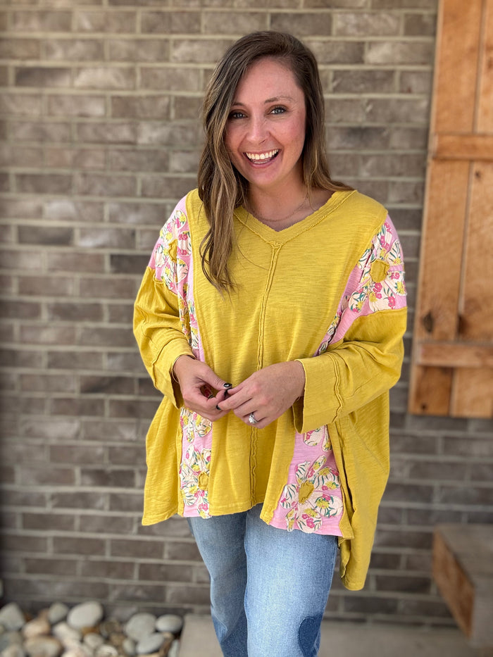 Mustard Sunshine Blooms Patchwork Top