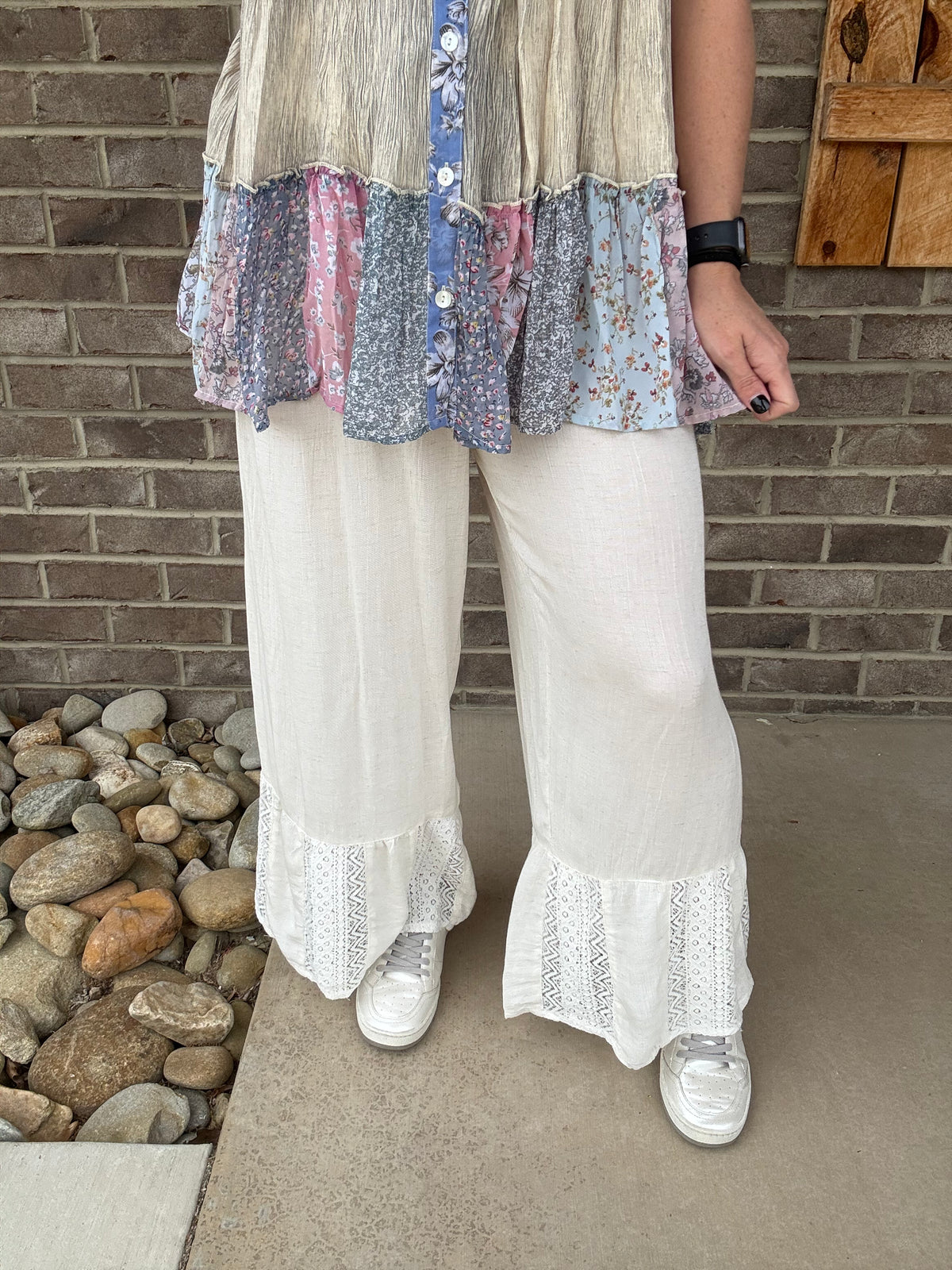 Natural Elastic Waist Pants w/ Lace Detail by Young Threads