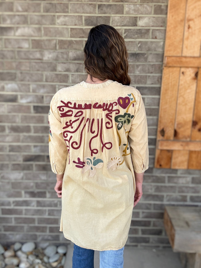 Natural Floral Embroidered Abstract High-Low Tunic by Paper Lace