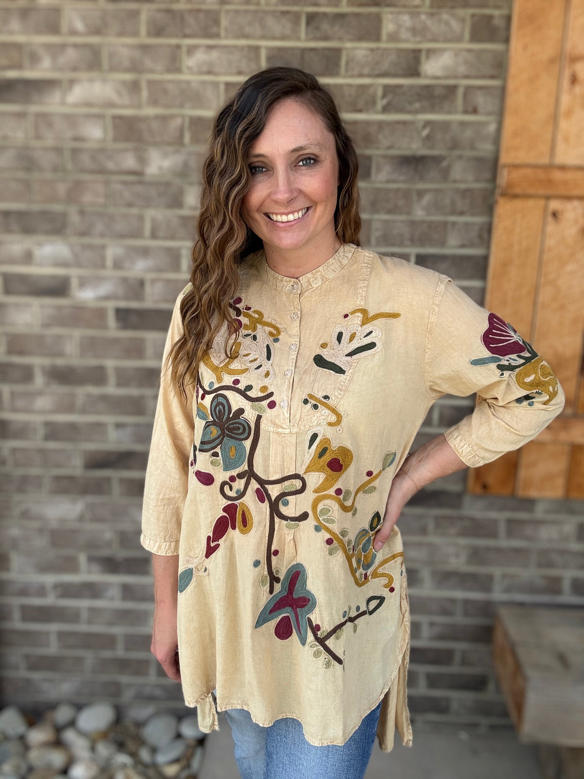 Natural Floral Embroidered Abstract High-Low Tunic by Paper Lace
