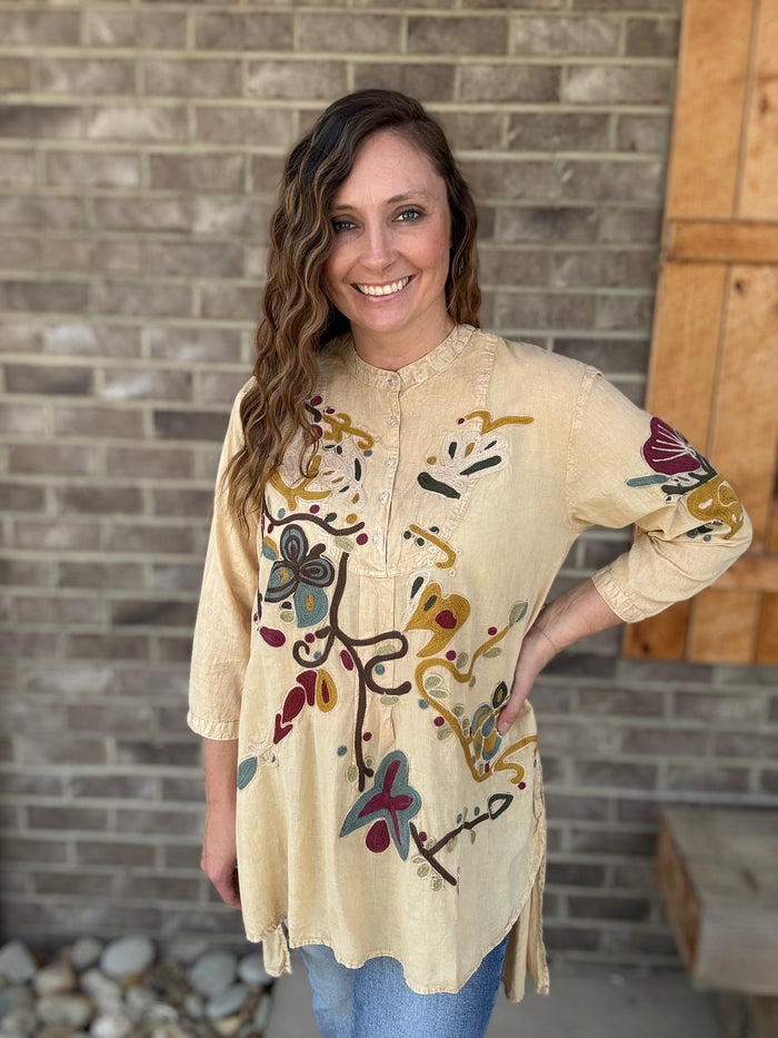 Natural Floral Embroidered Abstract High-Low Tunic by Paper Lace