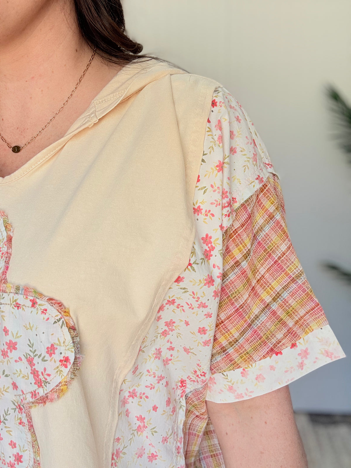 Natural Flower & Plaid Printed Hoodie Pullover by Easel