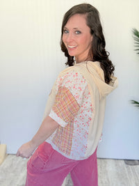 Natural Flower & Plaid Printed Hoodie Pullover by Easel