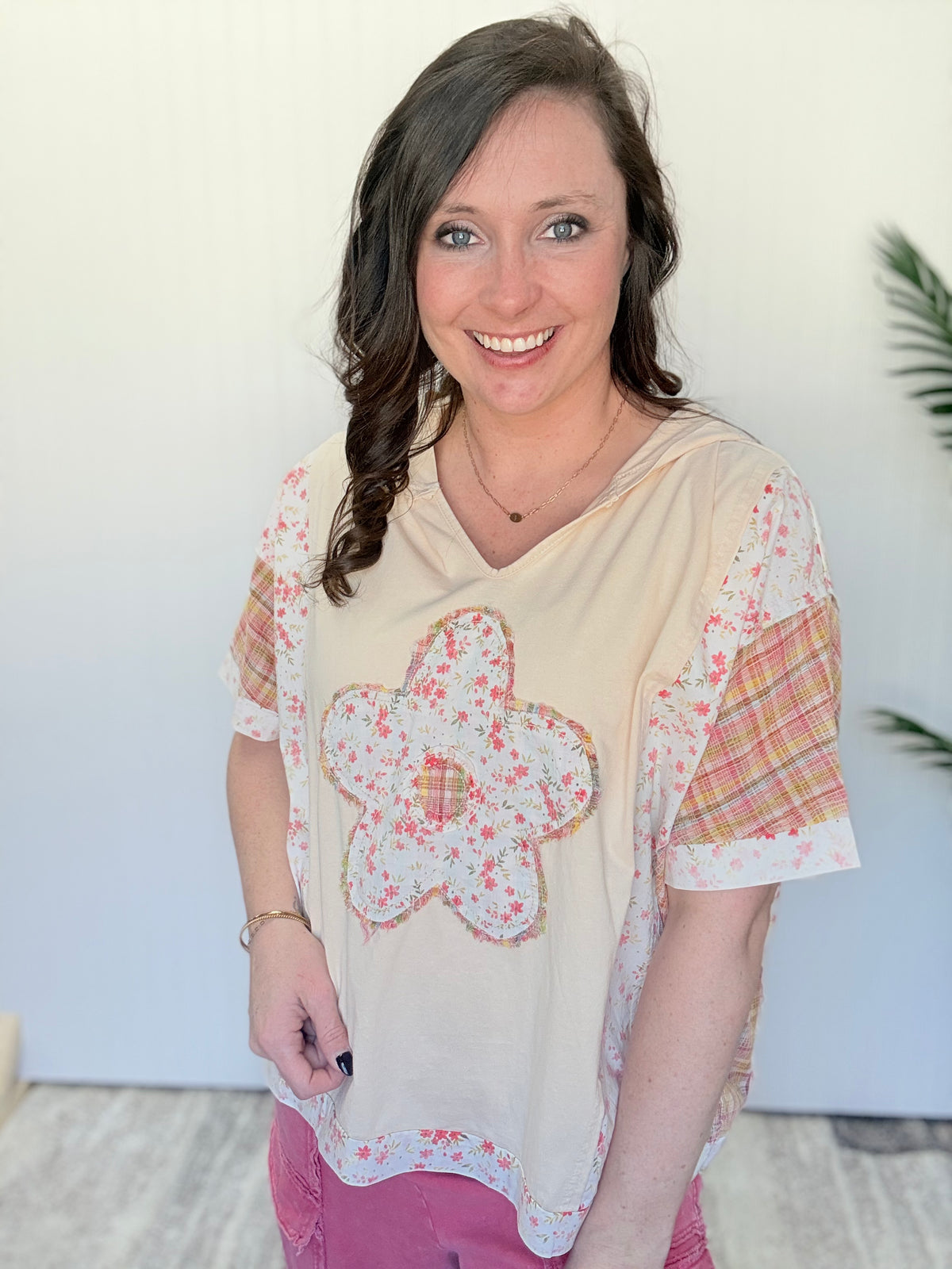 Natural Flower & Plaid Printed Hoodie Pullover by Easel