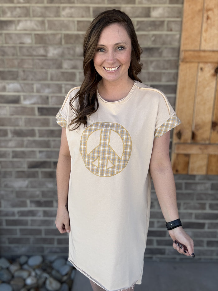 Natural French Terry Peace Sign Mini Dress by Umgee