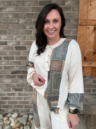 Natural Mineral Wash Bandana Patchwork Long Sleeve Top by J. Her