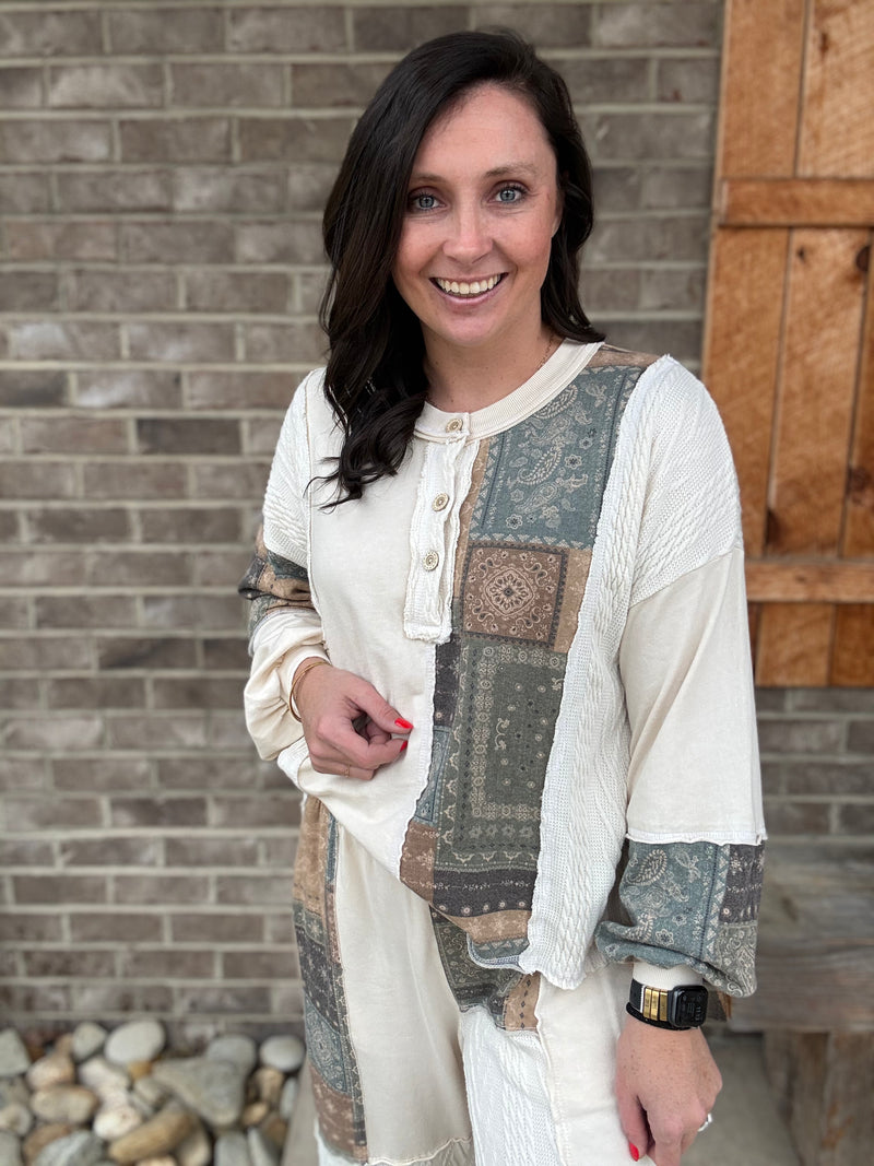 Natural Mineral Wash Bandana Patchwork Long Sleeve Top by J. Her
