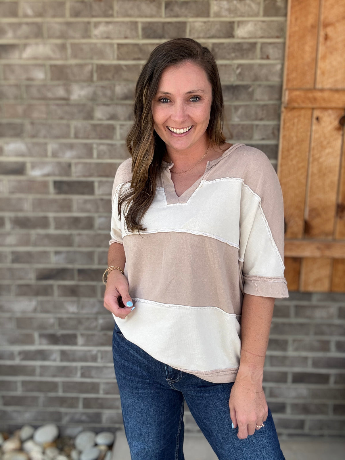Natural Mineral Washed V-Neck Striped Contrast Shirt by J. Her