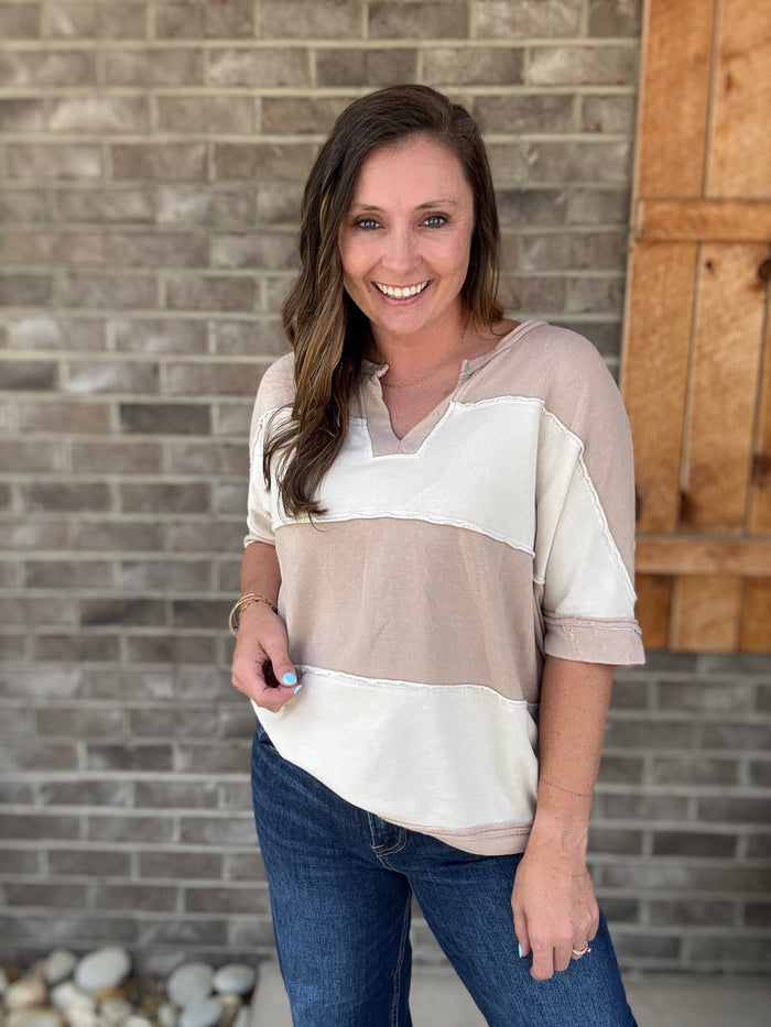 Natural Mineral Washed V-Neck Striped Contrast Shirt by J. Her