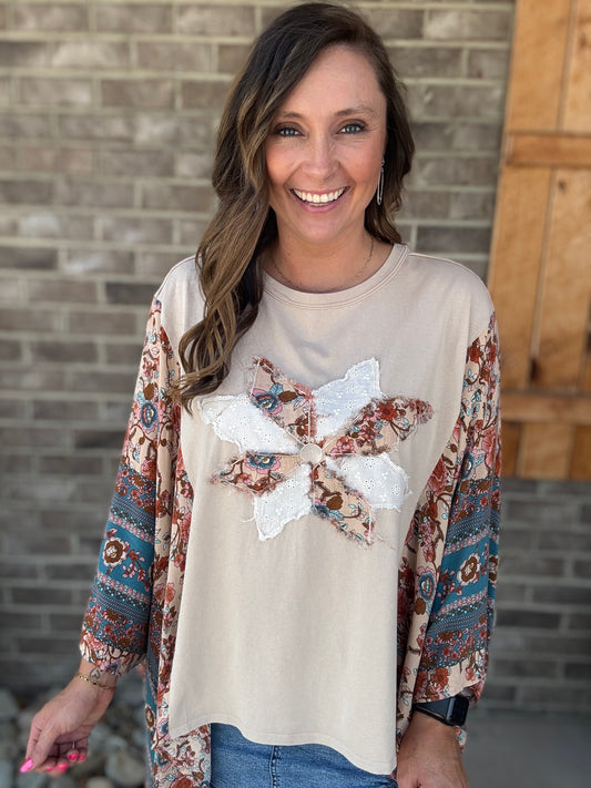 Natural Mix Print Patch Poncho Top by Easel