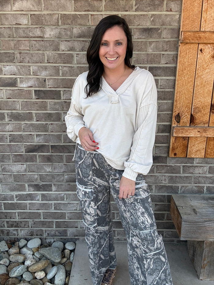 Natural Washed Ribbed V-Neck Terry Sweatshirt by J. Her