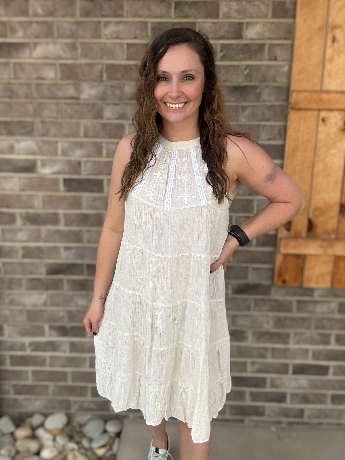 Natural Balkan Breeze Lace & Linen Babydoll Dress