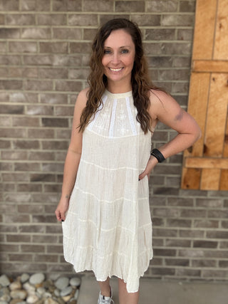 Natural Balkan Breeze Lace & Linen Babydoll Dress