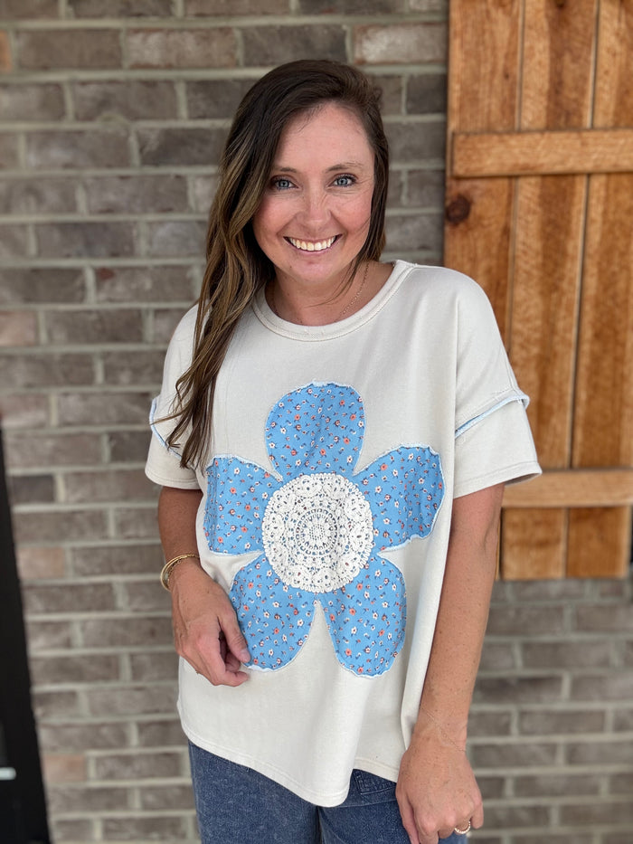 Natural Cotton French Terry Flower Patched Top – by J. Her