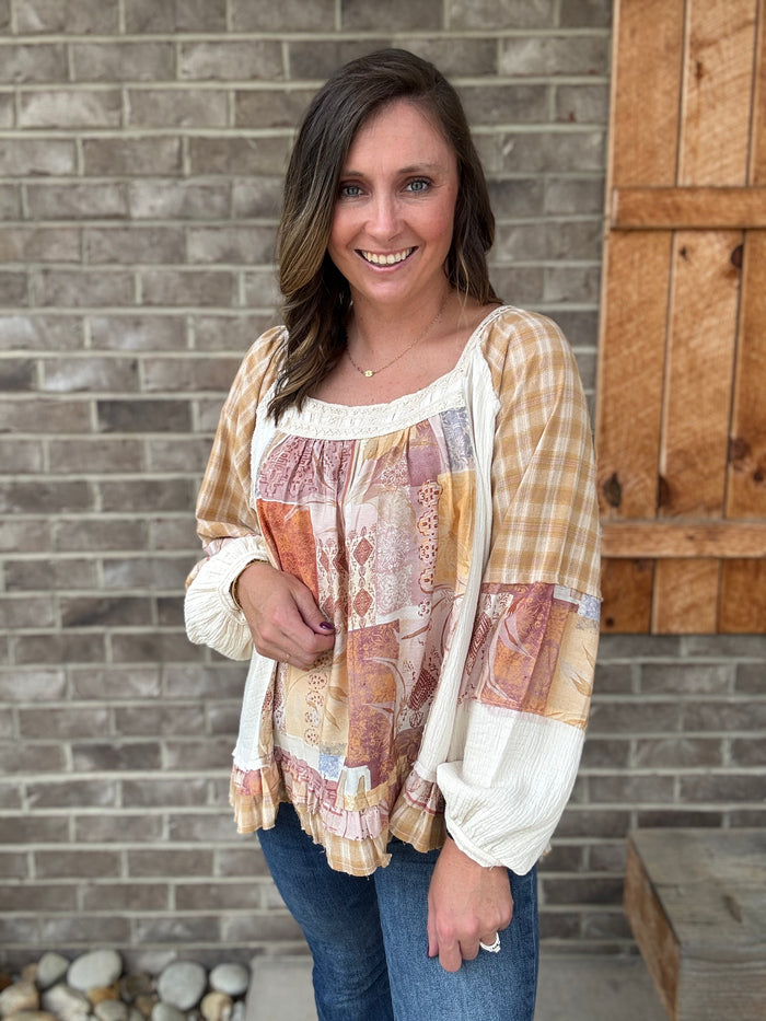 Natural Patchwork Boho Balloon Sleeve Top by POL