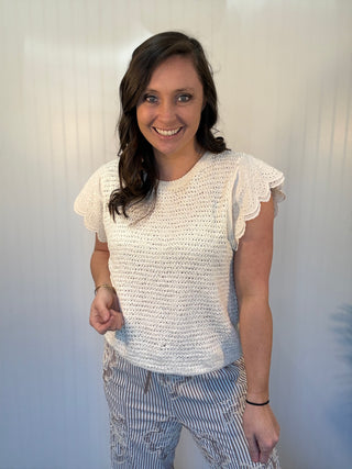Natural Scalloped Lace Wing Sleeve Knit Sweater by Easel