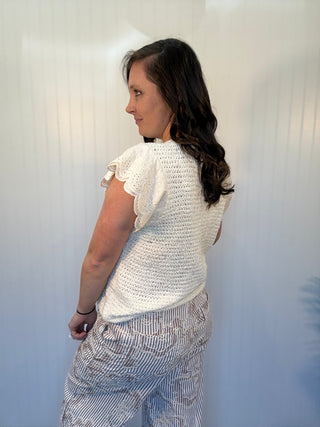 Natural Scalloped Lace Wing Sleeve Knit Sweater by Easel