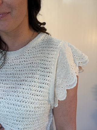 Natural Scalloped Lace Wing Sleeve Knit Sweater by Easel