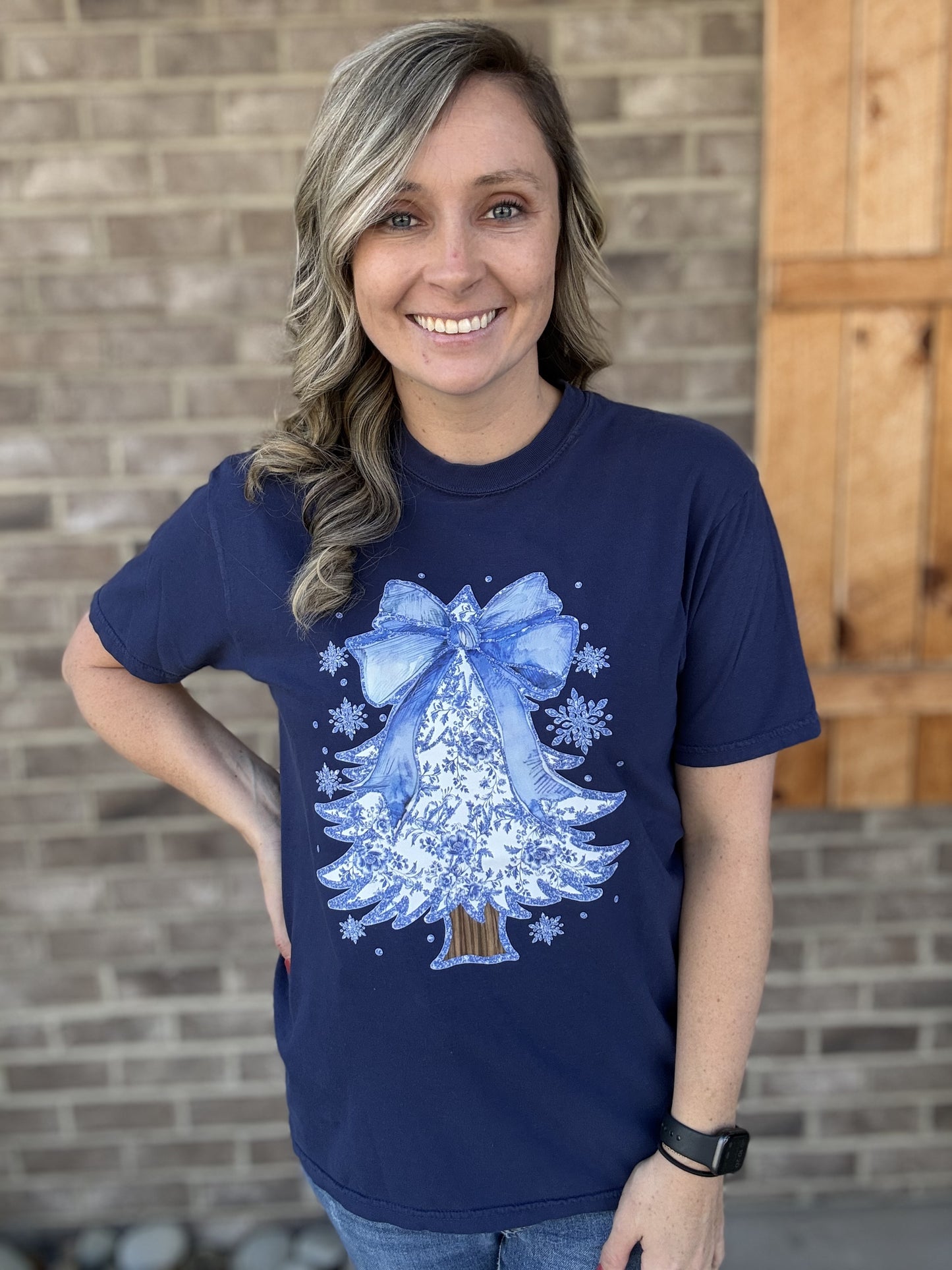 3818- Navy Blue Christmas Tree Graphic T-Shirt