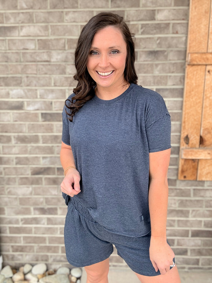 Navy Short Sleeve Ginger Crew Neck Oversized Raw Edge Vintage Top by Royce