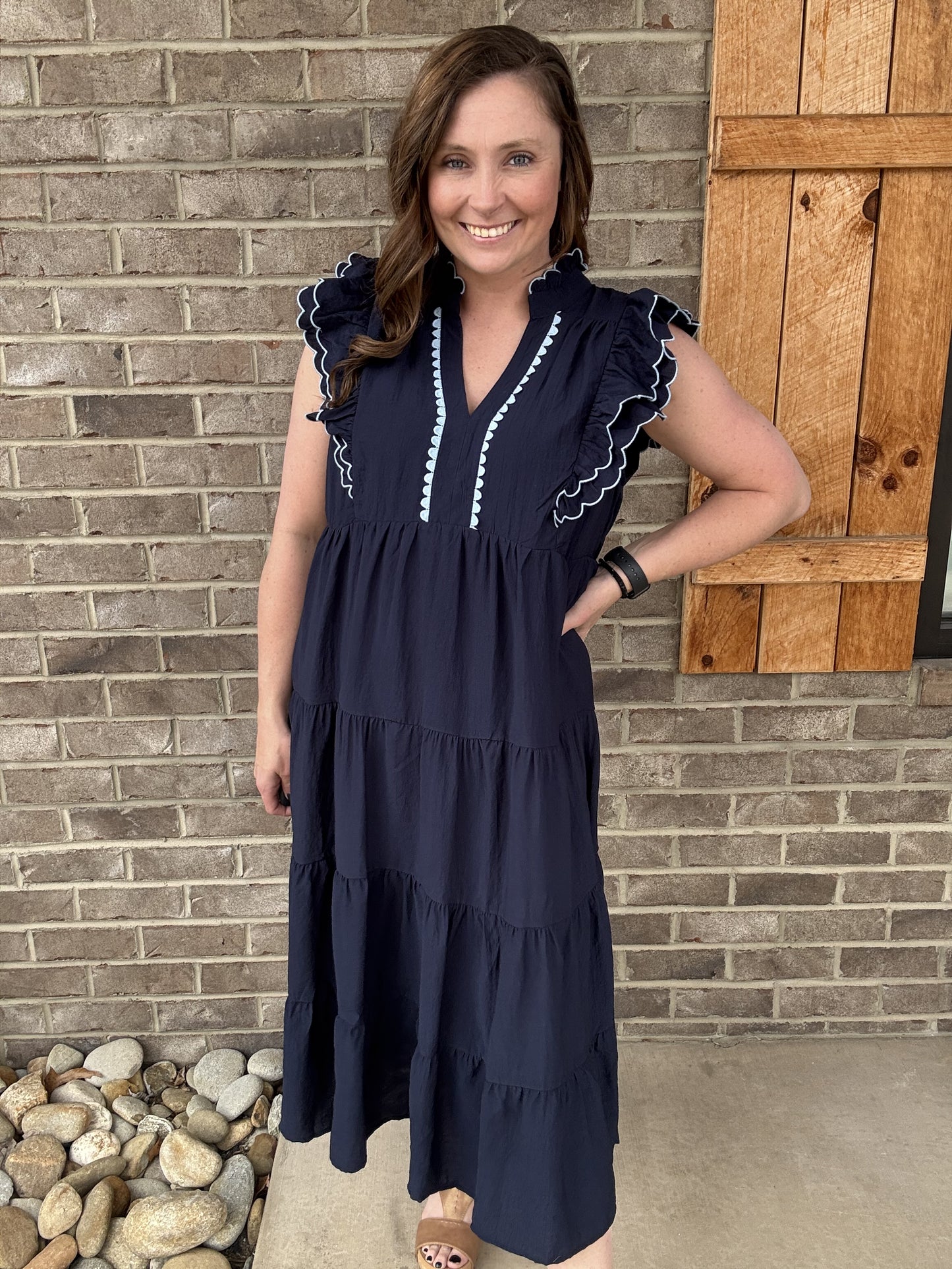 Navy Maxi Dress w/ Scallop Sleeve and Neckline by Umgee