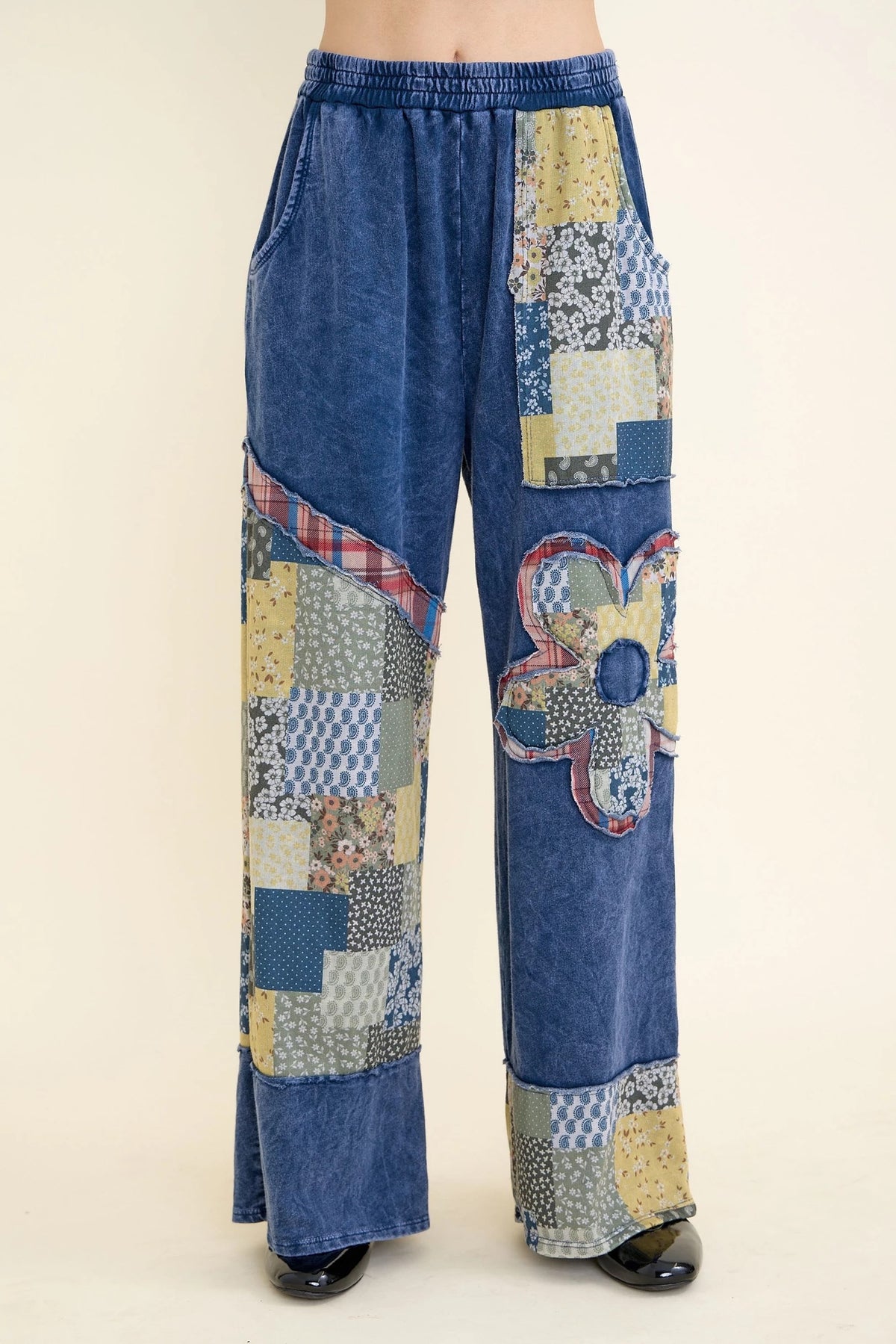Navy Mineral Washed Boho Patch Daisy Lounge Pants by J. Her