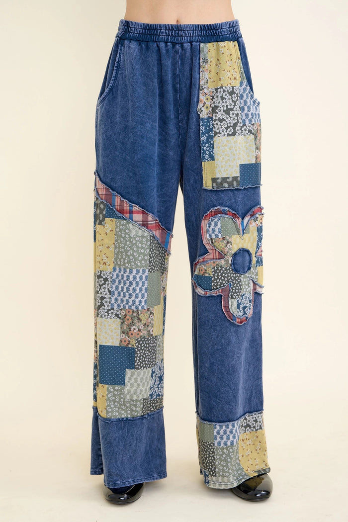 Navy Mineral Washed Boho Patch Daisy Lounge Pants by J. Her