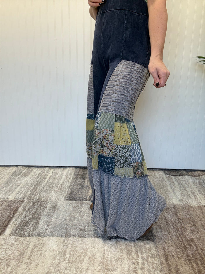 Navy Mineral Washed Daisy Patchwork Tie Jumpsuit by J. Her