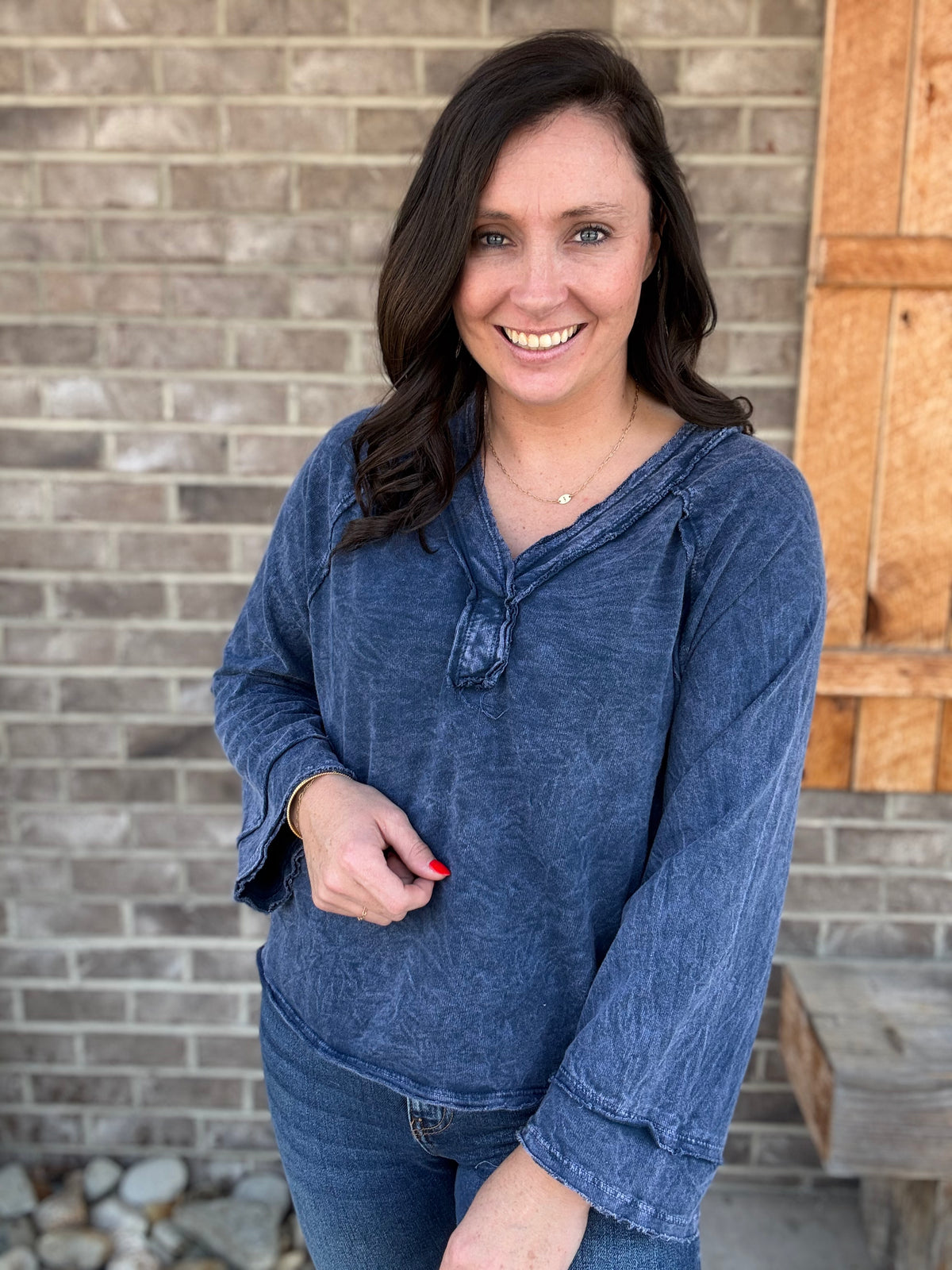 Navy Mineral Washed Everyday Cotton V-Neck Raglan Long Sleeve Top by J. Her