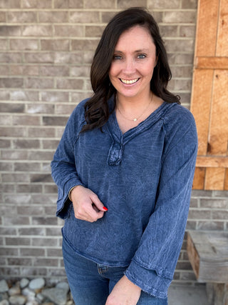 Navy Mineral Washed Everyday Cotton V-Neck Raglan Long Sleeve Top by J. Her