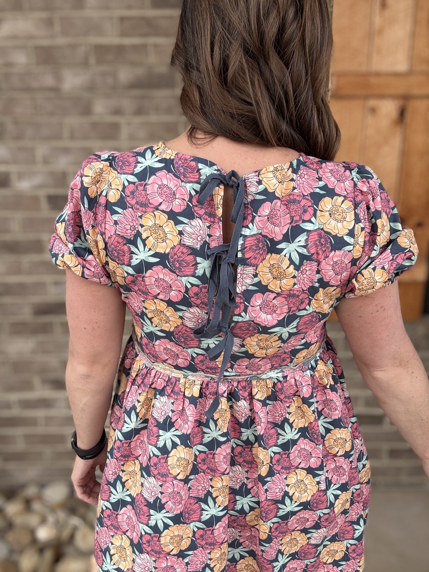 Navy Mix w/ Pink and Yellow Floral Scallop Hem Dress by Umgee